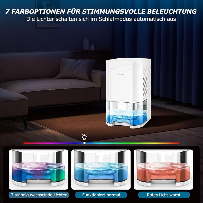 Electric Dehumidifier, 1200ml Room Dehumidifier for Home, Small Dehumidifier with Automatic Defrosting for Basements and Bathrooms, 7 Colors Light Dehumidifier with Timer - Against Moisture, Night Mode