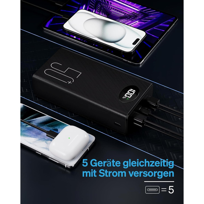 Портативний повербанк 50000 мАг з 5 виходами та 2 входами, швидка зарядка 22,5 Вт, ліхтарик, чорний