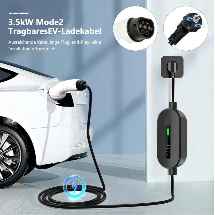 Кабель для зарядки електромобіля Type 2 Schuko 3,7kW, 16A, 5м, для електромобілів та гібридів - чорний