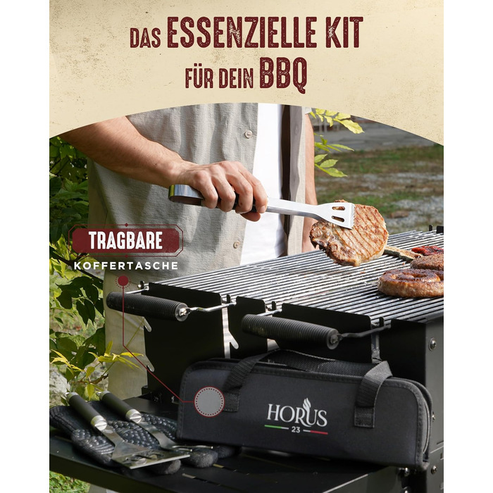 HORUS 23 Набір аксесуарів для гриля – 4 предметний набір: щипці, лопатка, виделка та термостійкий рукавичка