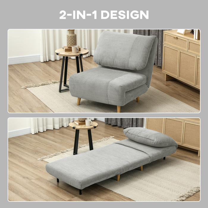 HOMCOM 2-in-1 Sleeper Sofa, Convertible Sleeper Chair, Adjustable Folding Mattress Guest Bed with Corduroy Look, for Bedroom, Living Room Grey 82 x 89 x 83 cm | Aosom