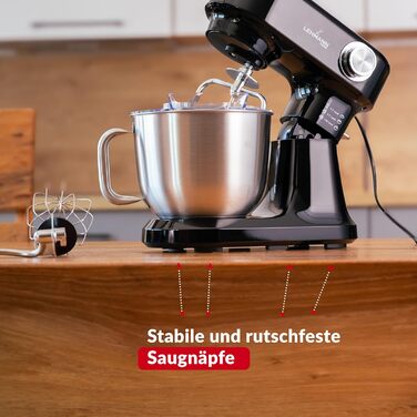 Кухонний комбайн-міксер LEHMANN з набором аксесуарів, 1500 Вт, 12 швидкостей, чаша 5 л, захист від перегріву, планетарний міксер з 3 насадками та захистом від бризок, чорний
