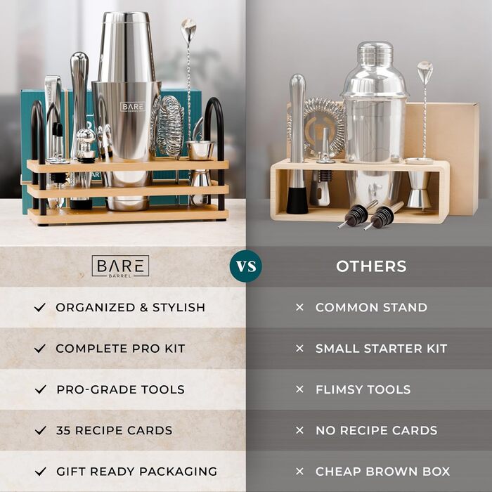Bare Barrel® Cocktail Shaker Set - 14 Piece Mixology Bar Set with Boston Shaker, Martini Accessories, & Recipe Cards - Perfect Home Bar Gift Set