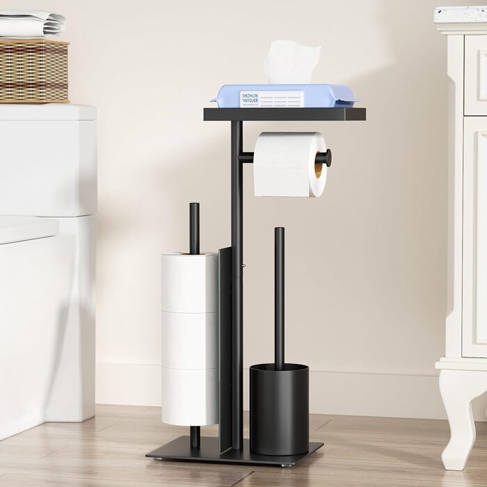 Тримач туалетного паперу з щіткою для унітазу, чорний матовий (з контейнером для серветок та скляною полицею)