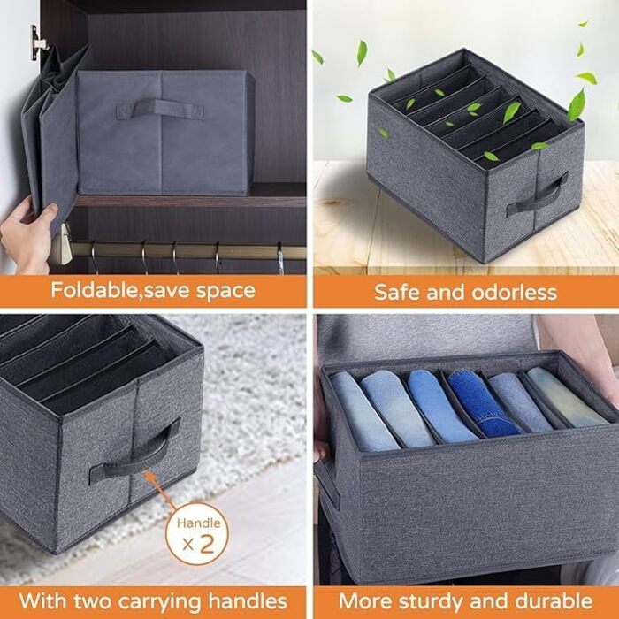 BIGLUFU 6-Piece Closet Organizer Fabric Folding Storage Box Set with 7 Compartments Drawer Organization System Storage for Clothes, T-Shirts, Pants, Underwear, Jeans