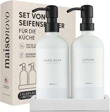MaisoNovo Soap Dispenser Set - Soap Dispenser Kitchen - 500 ml Amber Bottles, Black Pumps, Glass Pumps Dispenser, Soap Dispenser Set, 2-Piece Set and Concrete Tray - Dish Soap Dispenser Kitchen (White Glass / Black Pump + Rectangular Tray)