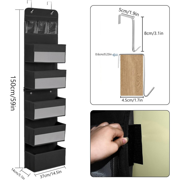 Організатор для дверей, підвісний, з 5 кишенями, з гачками, для ванної кімнати, шафи, кемпінгу, 150x36.5x14 см (Чорний)