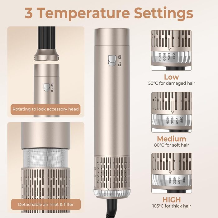 Професійний стайлер для волосся 6-в-1 з автоматичним завиванням, фен, круглі щітки, термощітка, випрямляч, мультистайлер Airbrush, подарунковий набір (Золотий)