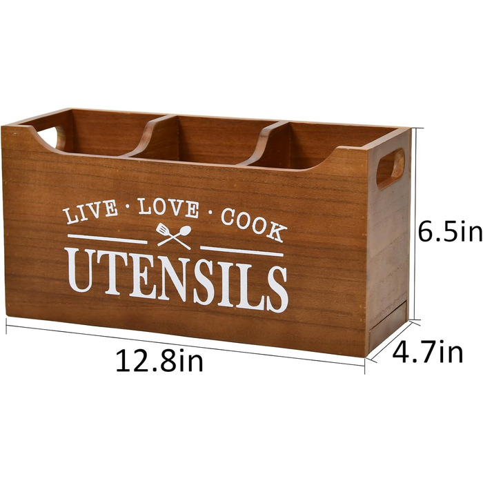 Karisky Kitchen Utensil Holder with Drainage Bottom, Large 3-Compartment Solid Real Wood Utensil Organizer for Countertop, Cooking Tools for Farmhouse Kitchens, Brown