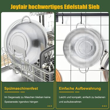 Дуршлаг Joyfair 28 см з нержавіючої сталі для овочів, фруктів, макаронів - великий, з ручками, перфорований, для кухні, можна мити в посудомийній машині