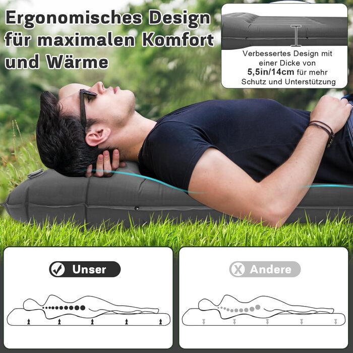 MILFECH Килимок для кемпінгу самонадувний, 14 см, з інтегрованими подушками та насосом для ніг, ультралегкий, водонепроникний, для відпочинку на природі, туризму, зелений (сірий)