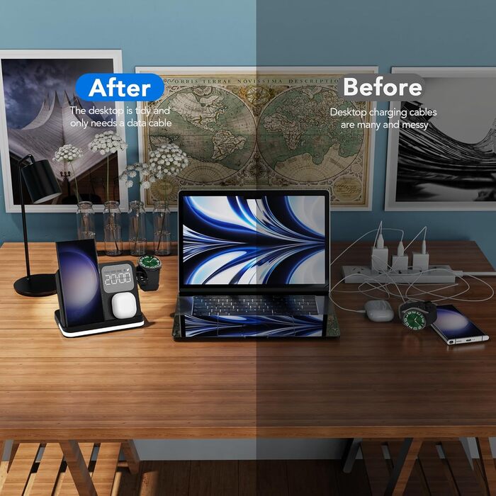 Бездротова зарядка 4-в-1 з будильником для Samsung Galaxy: Watch, Buds, Fold, Flip, S-серії (чорний)