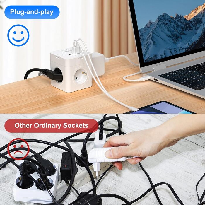 Блок розеток з USB-C, 4 розетки, плоский штекер, індивідуальне вмикання, сплетене кабель 2м для офісу, дому, подорожей - білий