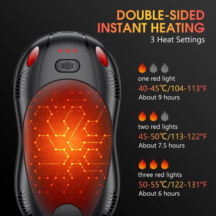 Електричний грілка для рук з акумулятором 10000mAh, 2 шт., з двостороннім нагрівом, USB, 3 режими, для кемпінгу та відпочинку на природі