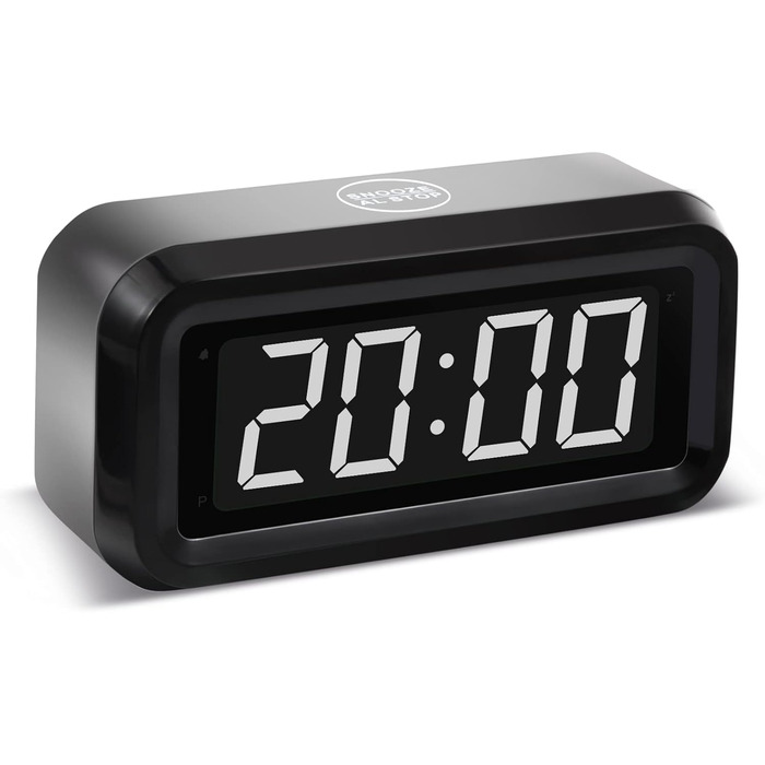 Цифровий будильник Timegyro з LED дисплеєм, акумуляторний, компактний, для подорожей та дому, 3 рівні яскравості, великий LED дисплей 1.2', чорно-білий