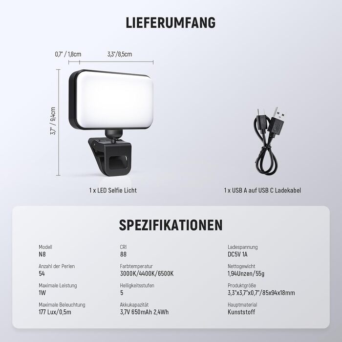 LED світло для селфі Neewer Entry Level - настільне світло для телефону, 54 світлодіоди, кліпса, CRI 88, 650mAh, для відеоконференцій, макіяжу, YouTube