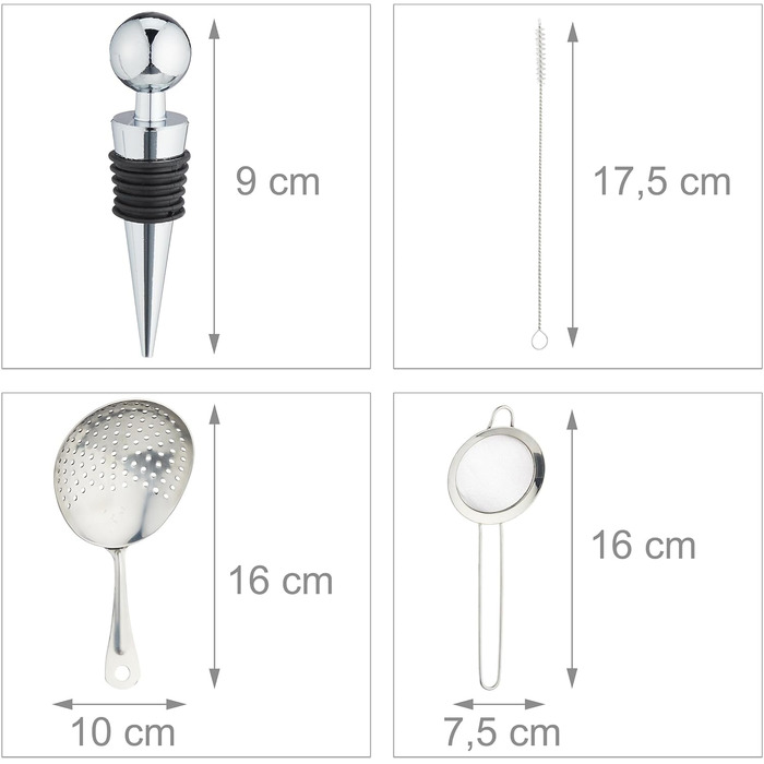 Набір для коктейлів Relaxdays 16 предметів: барний набір зі стійкою, шейкер, джигер, барна ложка, щипці, нержавіюча сталь та бамбук, сріблястий/натуральний