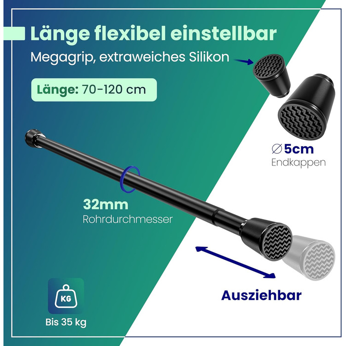 Штанга для штор без свердління – телескопічна штанга для штор, розтяжна – штанга для душу без свердління – штанга для штор, штанга для душу, вішалка для одягу, кріплення для сітки для котів (70-120 см, чорний)