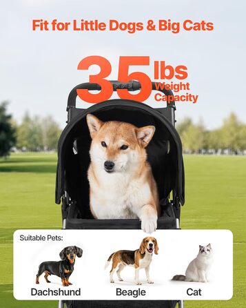 VEVOR 3-Wheel Pet Stroller - Dog & Cat Buggy, 16kg Capacity, Foldable with Cup Holders & Brakes