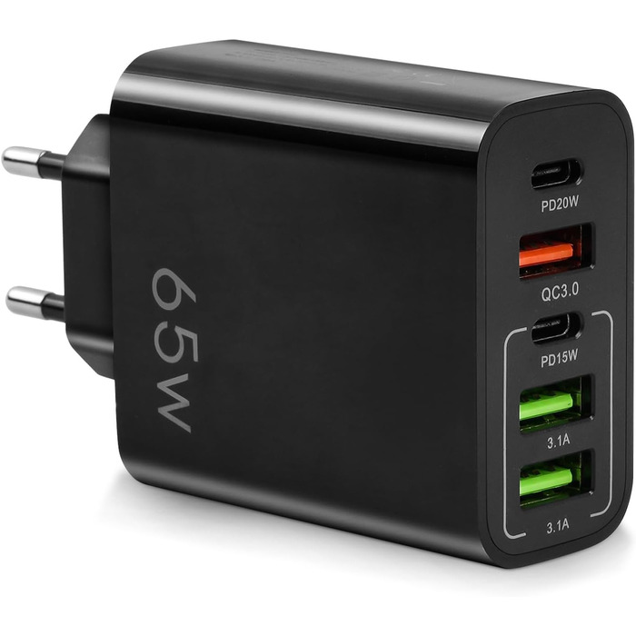 Мережевий адаптер AXFEE 65W 5-портовий з USB-C та USB-A, швидка зарядка PD 3.0, чорний