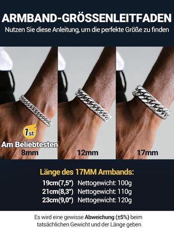 Чоловічий браслет PROSTEEL з нержавіючої сталі з 18K золотом, чорний панцерний браслет, важкий ланцюговий браслет для чоловіків та підлітків, 8 мм/12 мм/16,5 мм/17 мм (17 мм срібло, 19 см)