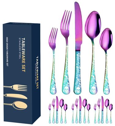 Набір столових приборів Xiaoyu Готичний Череп 20 предметів на 4 особи, квітковий візерунок скелета, ніж/виделка/ложка для Хеллоуїну, райдужний