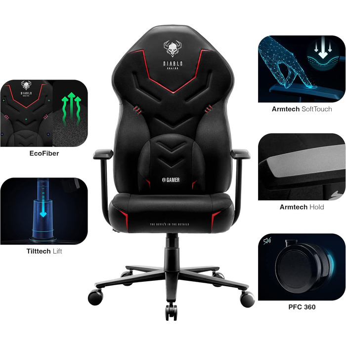 Ігрове крісло Diablo X-Gamer 2.0, ергономічне, тканинне, з поперековою подушкою та м'якою підкладкою, чорне, 128x68x55 см