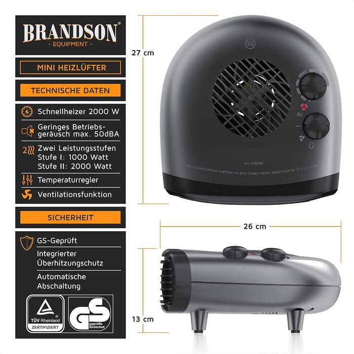 Електричний обігрівач Brandson Heizlüfter 2000W з термостатом, 3 режими потужності, енергоефективний та тихий, захист від перегріву (Cool Grey)