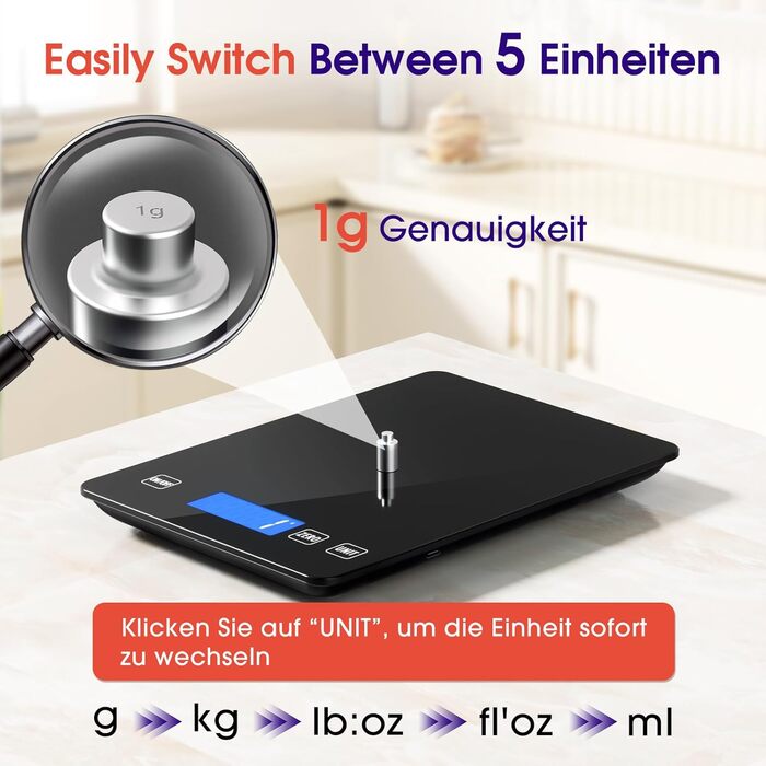 Кухонні ваги цифрові 15 кг, перезаряджувані, з LCD-дисплеєм та функцією тарування, водонепроникні, преміум-якість, чорний колір