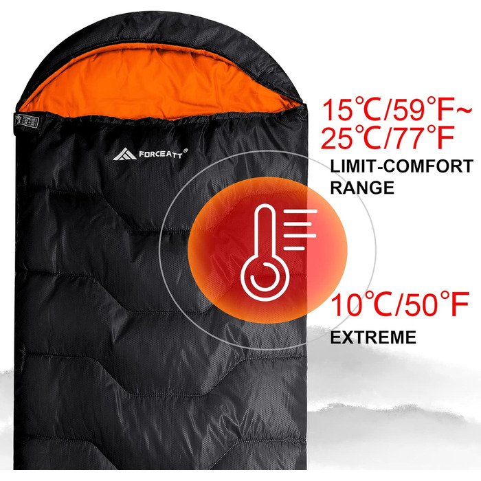 Спальний мішок Forceatt для дорослих, 3-4 сезони, -5°C, Flanell та 20°C Polyester, водонепроникний, теплий, для кемпінгу, відпочинку в приміщенні та на природі, холодний клімат. 10°Polyester Taft, темно-зелений (10°Polyester-Schwarz-Orange)