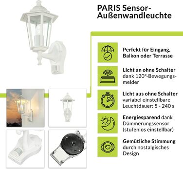 Зовнішнє настінне освітлення PARIS з датчиком руху, IP44, матеріал: алюміній, скло, висота: 23 см, цоколь E27, для саду та фасаду