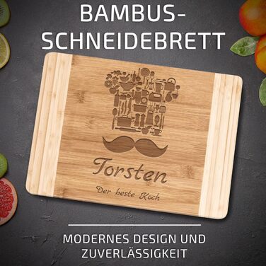 Maverton Bamboo Cutting Board with Engraving - Serving Board - Charcuterie Board solid wood - Size: 35x25 cm - Cutting board for men - for birthdays - for Christmas - chef's hat