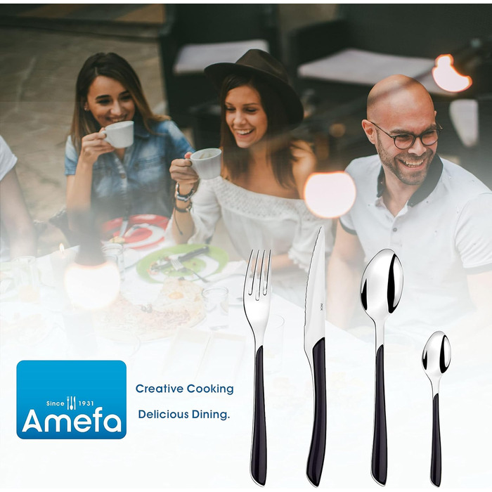 Amefa ECLAT Cutlery Set Black Dinner Cutlery 24-piece for 6 people, Stainless Steel, Rust-proof, High-quality Plastic Handle Shells, Dishwasher-safe, Cutlery Set for 6 people, Camping Cutlery