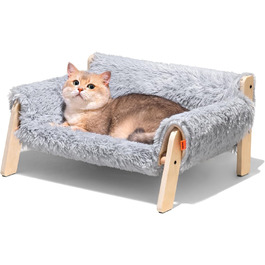 MEWOOFUN Elevated Cat Bed Sofa made of Wood, Sturdy Large Cat Sofa – Fashionable Cat Stool with Removable Mattress Cover, Holds up to 10 kg (56x45cm, Grey)