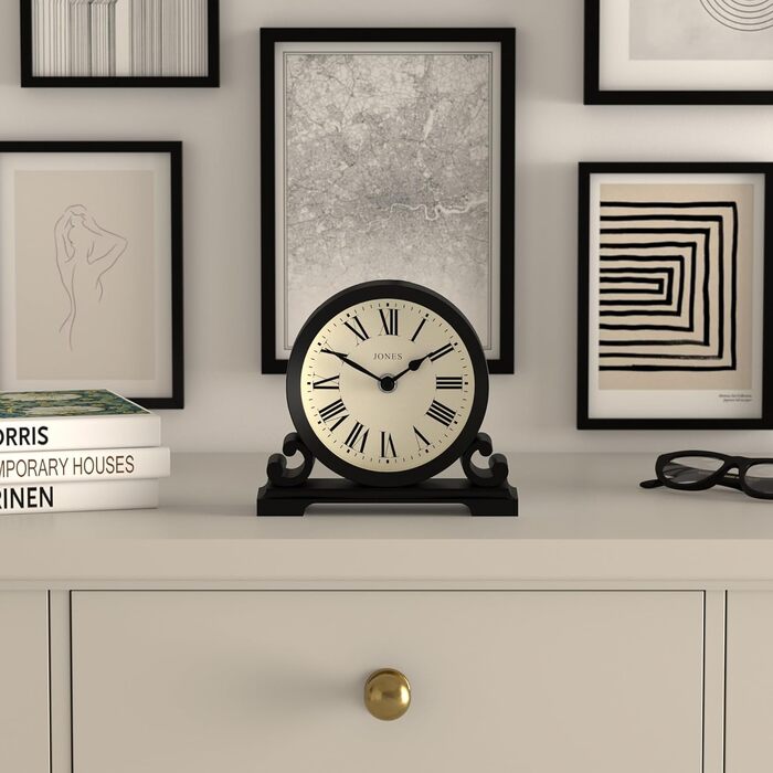 JONES CLOCKS® Saloon Table Clock | Traditional Double-Scroll Design | Black | Roman Numerals | Classic Style for Desk, Table, Shelf, or Nightstand.