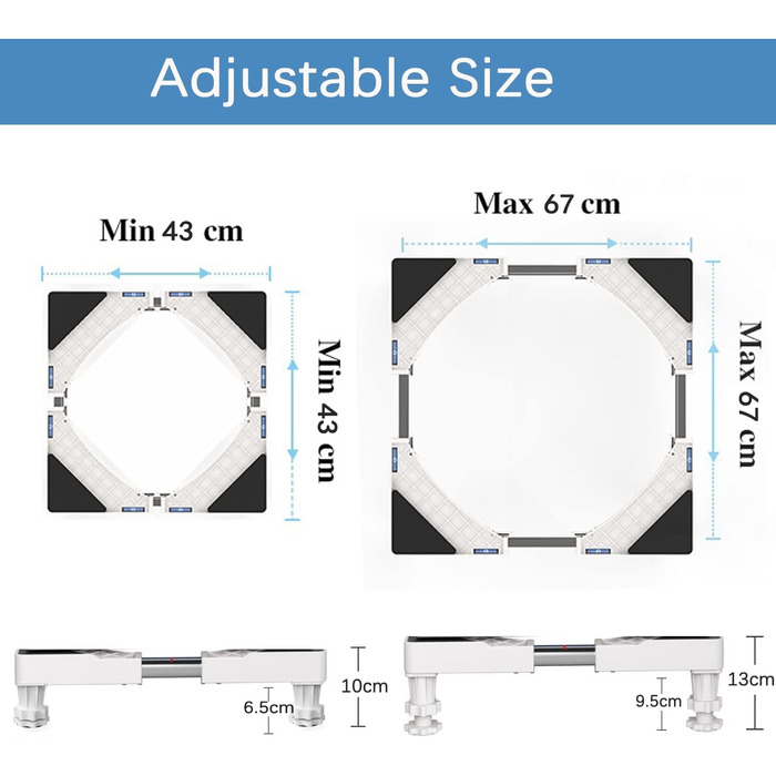 DEWEL Washing Machine Base, Bear Load 300kg, Adjustable Washing Machine Pedestal for Refrigerator, Dryer, Freezer, Length 43-67cm, Height 10-13cm