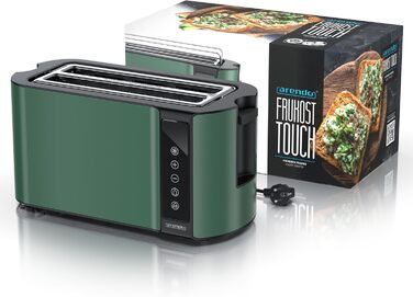 Тостер Arendo з нержавіючої сталі, 4 слоти, сенсорний екран, подвійні стінки, 1500 Вт, підставка для булочок, 7 рівнів підсмажування, центрування хліба, таймер, пам'ять, індикатор E: Green