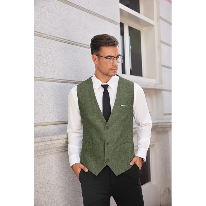 Жилет чоловічий костюмний COOFANDY з кишенями, V-подібний виріз, для весілля та ділових зустрічей (Оливковий, XXL)