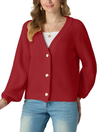 Жіночий в'язаний кардиган GRECEREE з V-подібним вирізом та ґудзиками, з кишенями (червоний, M)