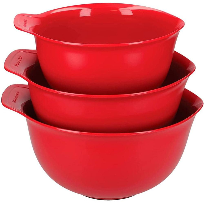 KitchenAid, Plastic, 3-Piece Mixing Bowl Set, Dishwasher Safe, Nesting, 3 Bowls with Non-Slip Base and Spout – Empire Red
