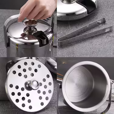 Stainless steel ice container with lid including tongs and strainer. Made from food-grade 304 stainless steel, double-walled insulated ice cube container with carrying handle for optimally cooled ice cubes (1.3L)