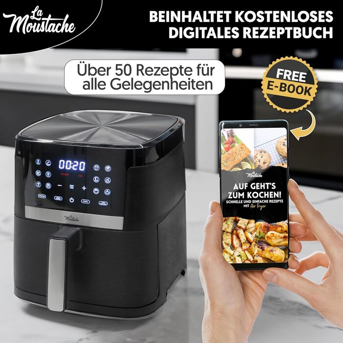 La Moustache Heißluftфритюрниця 7 л, без олії, 1800 Вт, 12 програм, цифрове керування, антипригарне покриття, таймер, книга рецептів, чорна