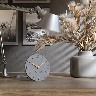 Cander Berlin MNU 2615 H Gray Table Clock, battery-powered, silent (no ticking), vintage, analog, modern, wood hands, MDF, 15 cm