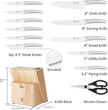 Набір ножів у блоці 13 предметів з нержавіючої сталі з ергономічними ручками, набір кухонних ножів для кухні, дерев'яний блок з шкіряним ремінцем (чорний та срібний)