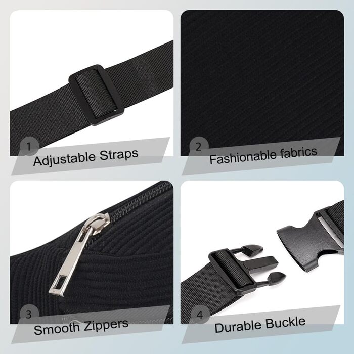 Поясна сумка через плече для чоловіків та жінок, стильна, 3 відділення на блискавці, для подорожей та активного відпочинку (Чорна)