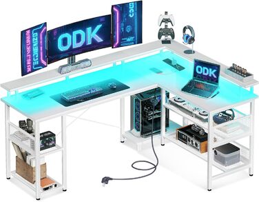 Геймерський стіл ODK з LED-підсвіткою, кутовий, реверсивний, 2 розетки та 2 USB-порти, велика біла модель 168×120 см, з сітчастою полицею