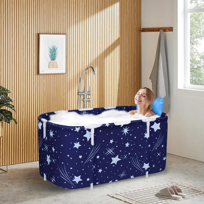 Foldable Bathtub for Adults, 132 x 68 x 47 cm, Steam Bucket for Sauna, Shower, and Ice Bath, Portable, Non-Inflatable (Blue) (Blue)