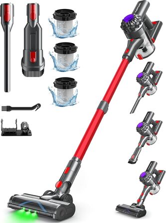 Бездротовий акумуляторний пилосос V15, 35KPa, 6-в-1, для твердих підлог та килимів, видалення шерсті тварин (червоний)