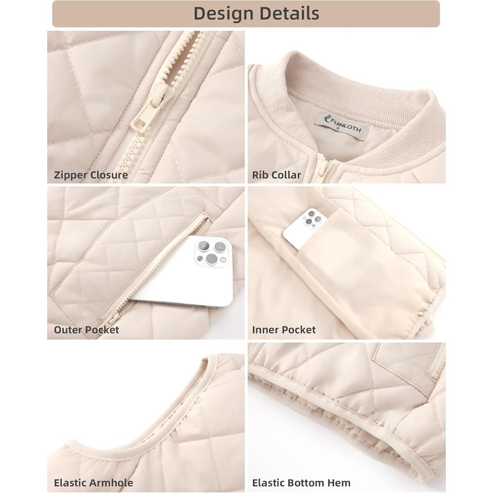 Жіноча степкова жилетка Fuinoth з рифленим коміром, натуральний блискавка, стьобана жилетка (M, Бежевий)