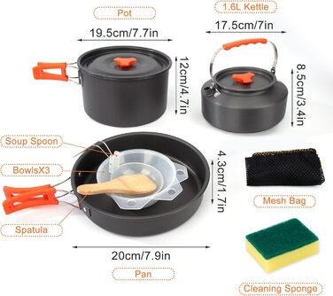 Набір кухонного посуду для кемпінгу: каструля, сковорода, чайник для пікніків, походів та риболовлі